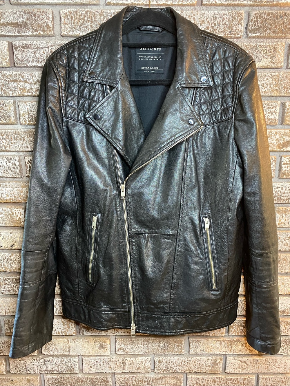 AllSaints Black Kushiro Quilted-Shoulder Leather Bomber Jacket